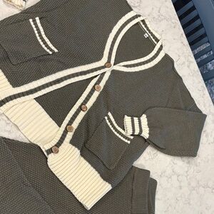 Olive & Cream Contrast-Trim Button Cardigan Sweater Set
